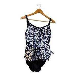 Maxine Of Hollywood Size 8 Faux Tankini Tone Piece Swimsuit Black Two Tone Dots